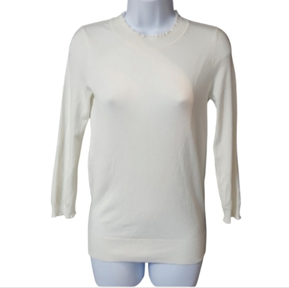 Max Studio White Long Sleeve Ruffle Detail Sweater Top